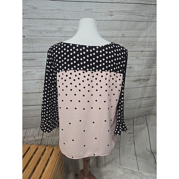 Talbots Women's Size Large Polka Dot Blouse Top Size Pink Black 3/4 Bell Sleeves - Picture 2 of 8